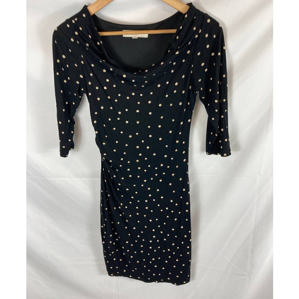 Ann Taylor LOFT Polka Dot Scoop Neck Ruched Side Dress Black Size XXS